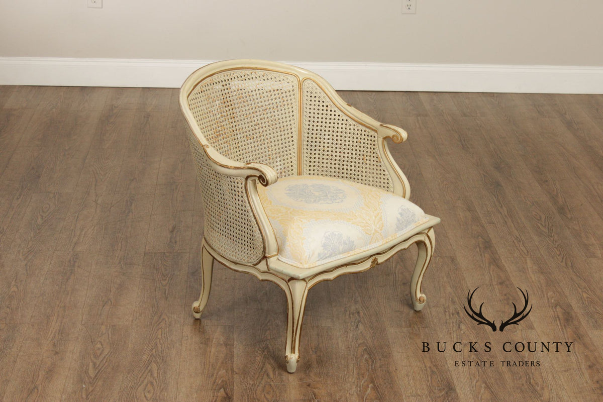 French Provincial Style Barrel Back Caned Lounge Chair and Ottoman