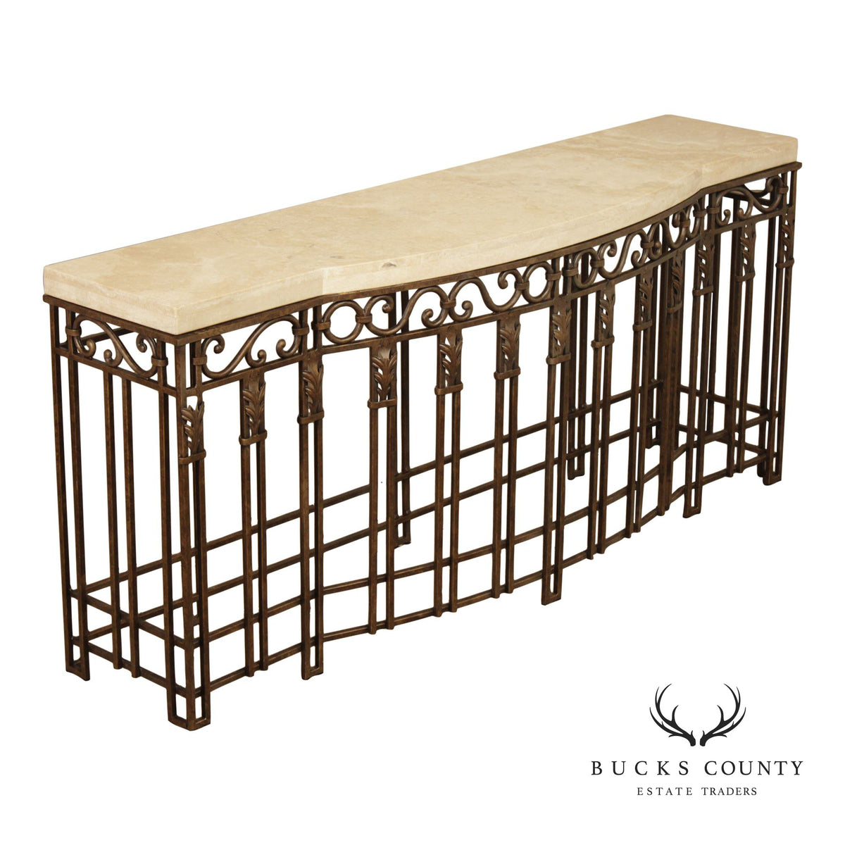 Wrought Iron Travertine Top Long Console Table