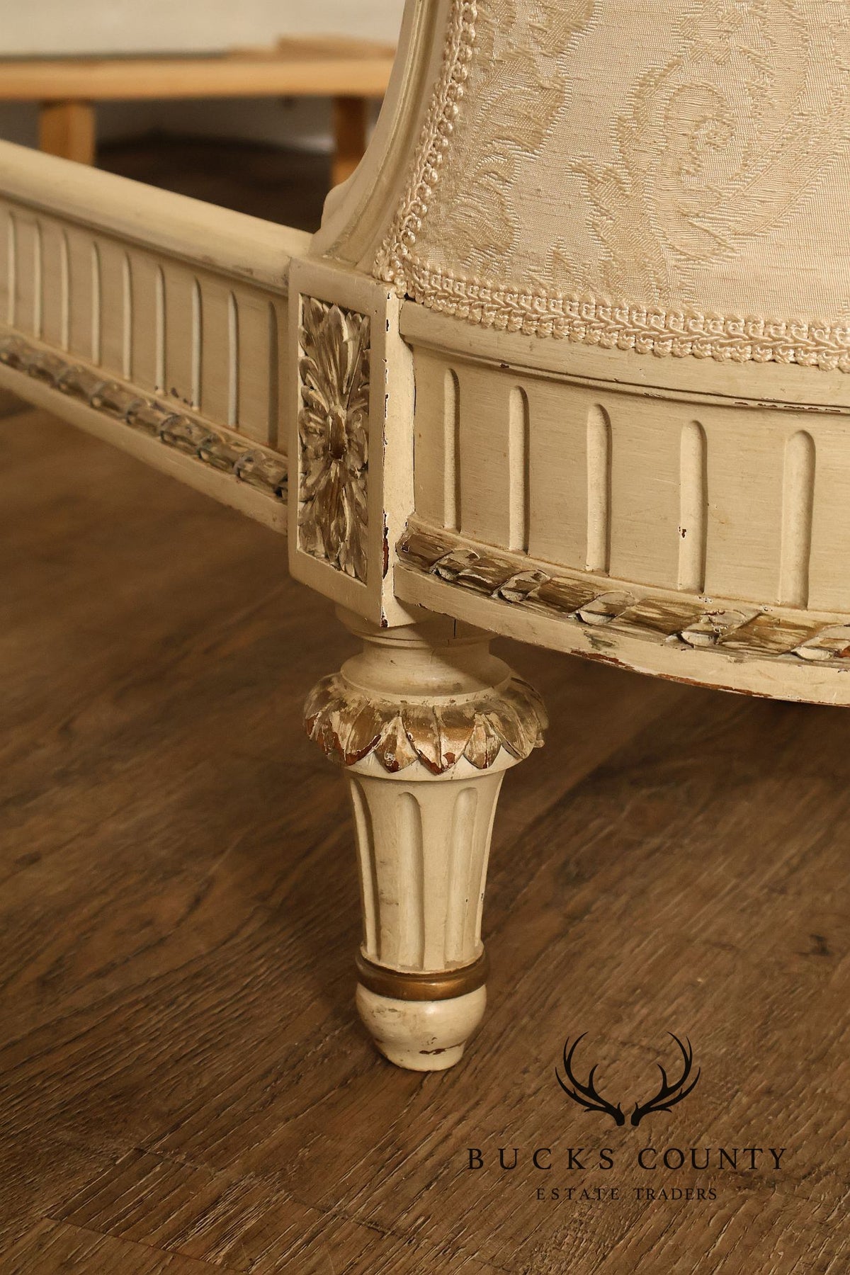 Antique French Louis XVI Style Painted & Upholstered Full Size Bed Frame