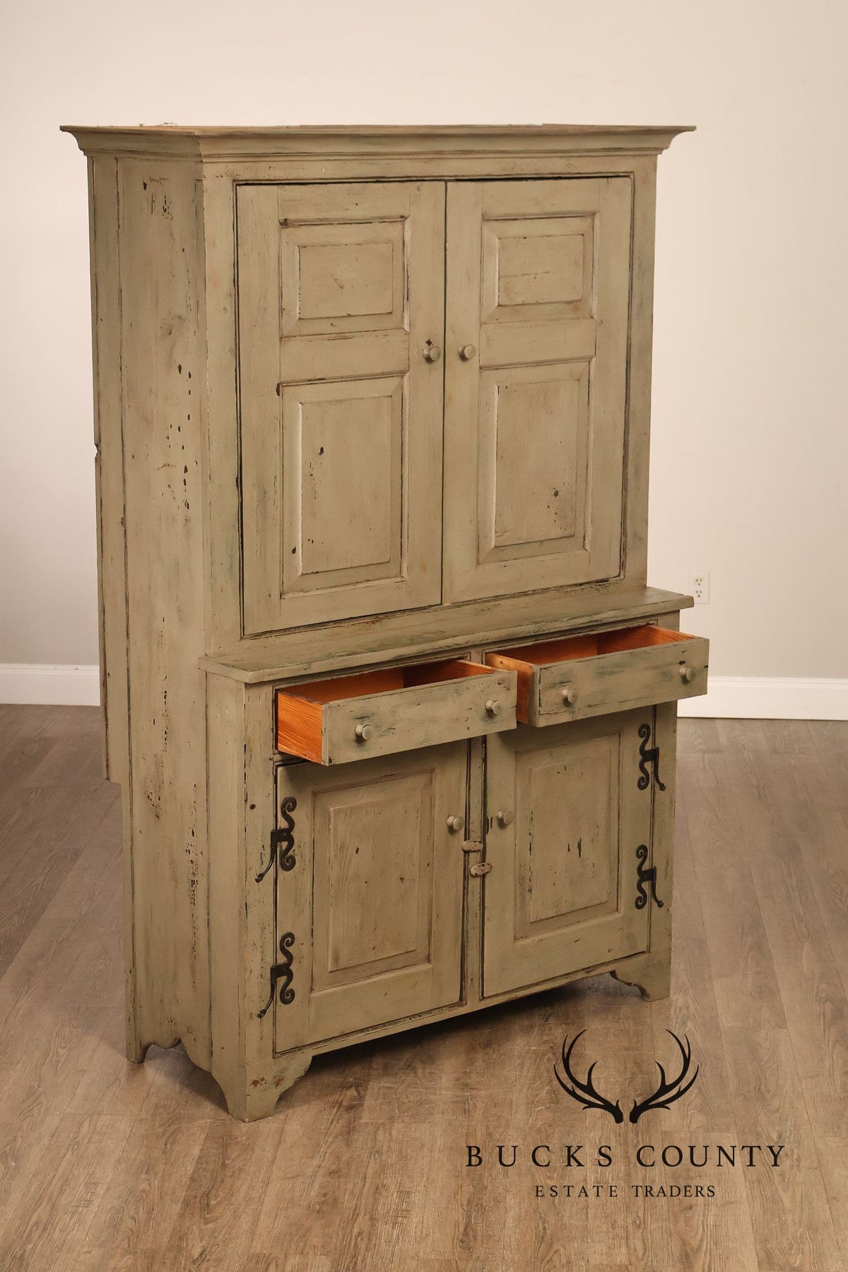 Vintage Distressed Painted Pine Step-Back Cupboard Cabinet