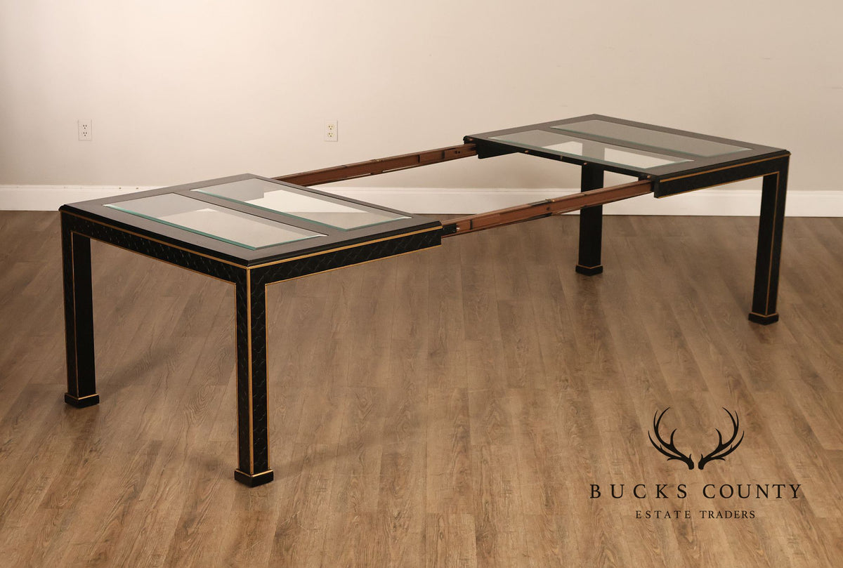 Chinese Chippendale Black Lacquered Dining Table With Two Leaves, Inset Glass