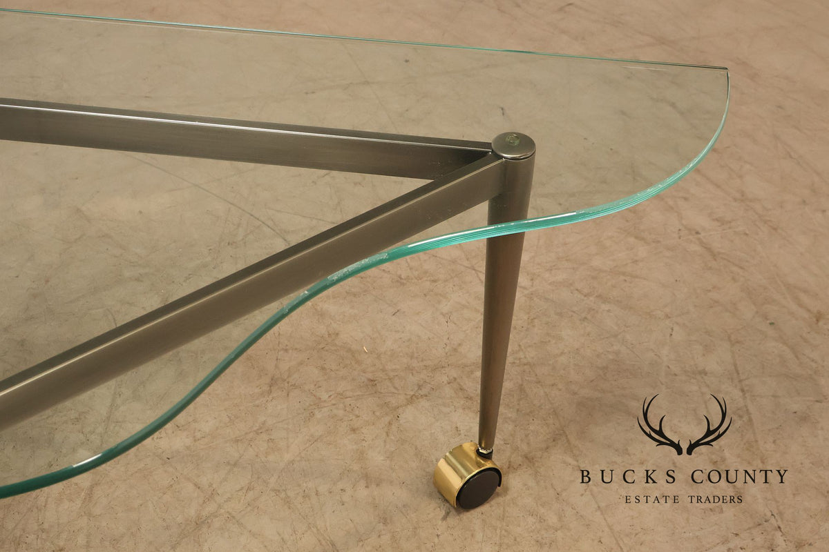 Postmodern Pair Of Triangular Glass Top Coffee Table with Brushed Steel Frame and Brass Casters