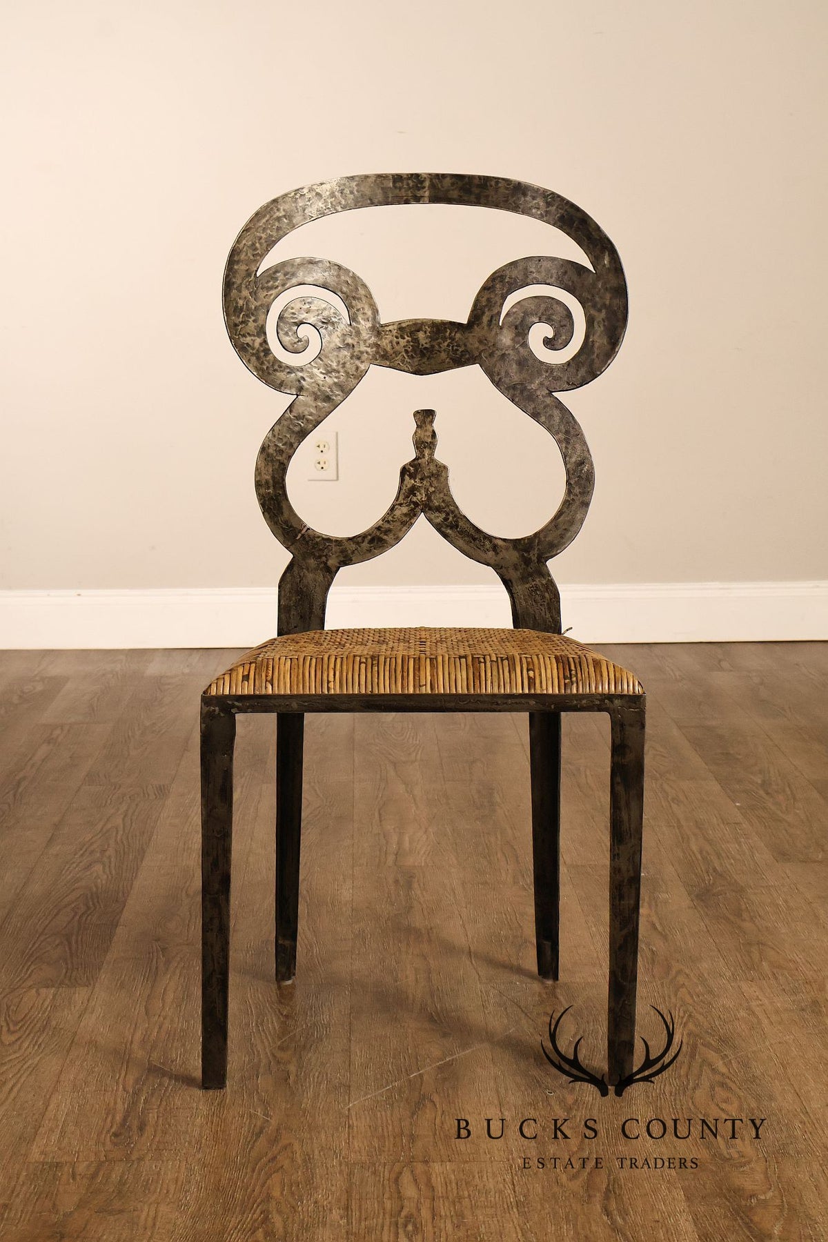 Biedermeier Style Pair Of Forged Iron And Woven Rattan Side Chairs