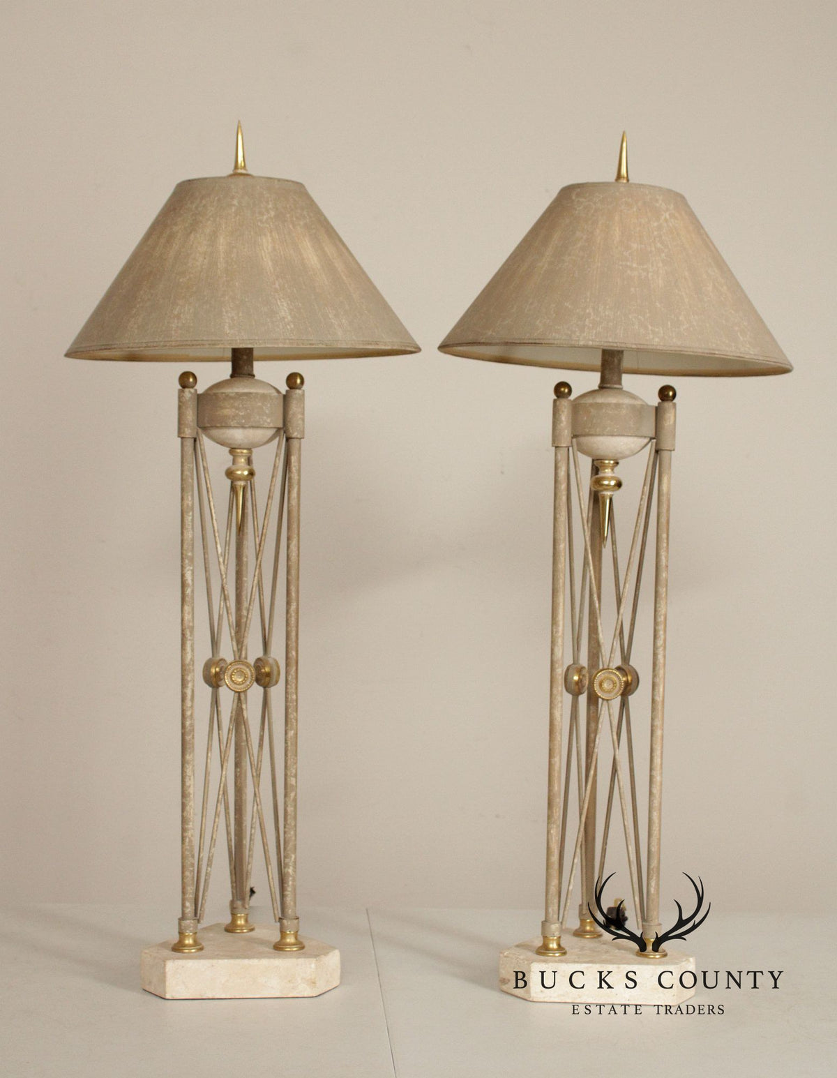 Neoclassical Style Pair of Travertine Table Lamps
