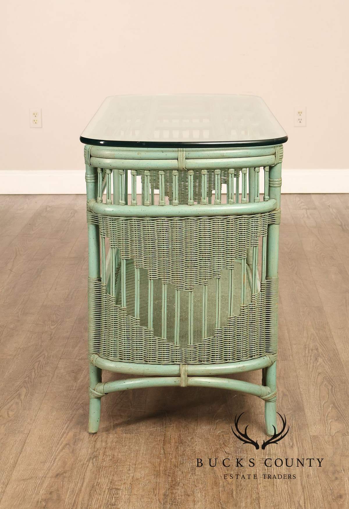Boho Chic Glass Top Painted Rattan Glass Top Console Table
