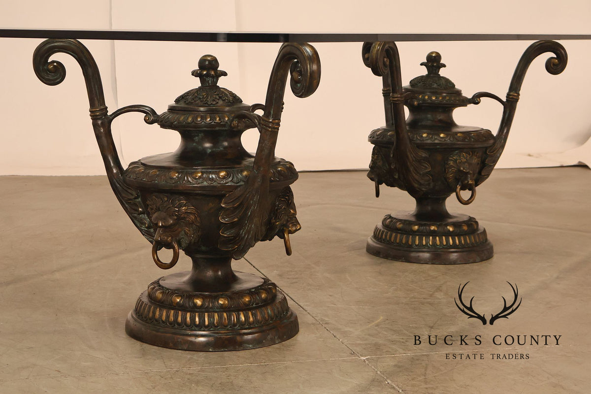 Monumental Brass Urn Form  Double Pedestal Glass Top Dining Table