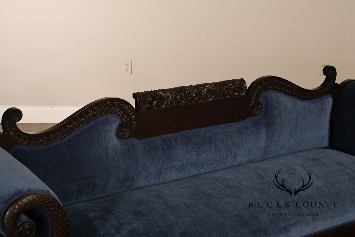 Antique American Empire Mahogany Carved Swan Arm Sofa With Blue  Upholstery