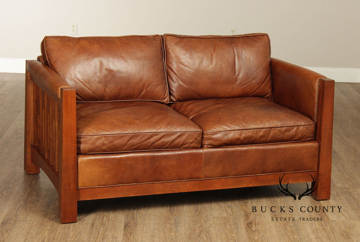 Stickley Highlands Mission Oak Leather Loveseat