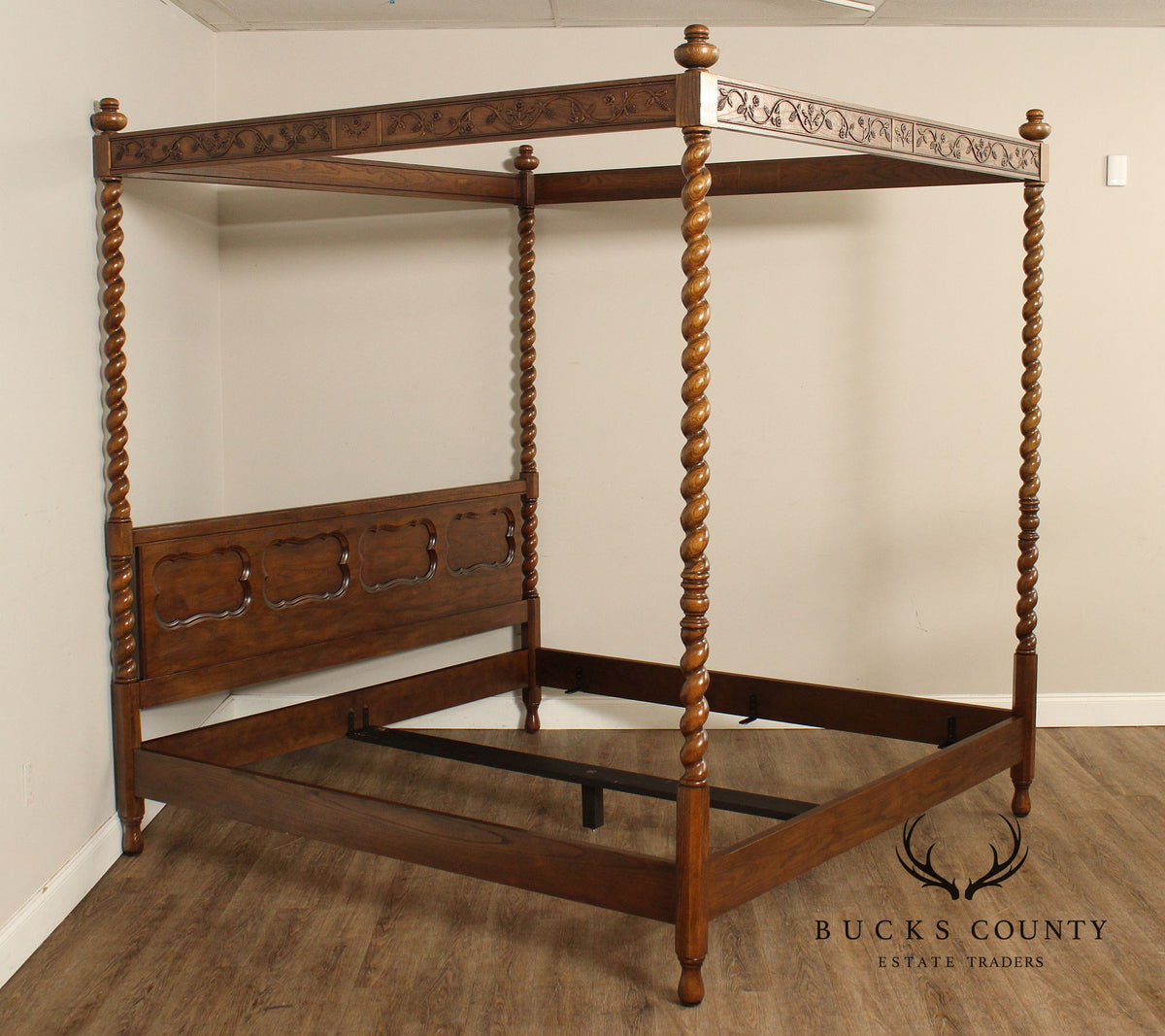 Baker Barley Twist Carved Oak King Size Canopy Poster Bed