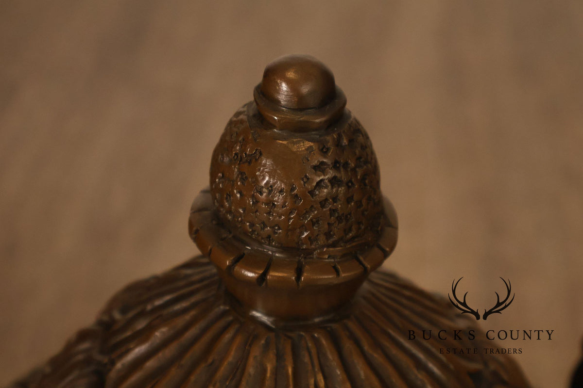 Neoclassical Style Large Pair Of Cast Bronze Covered Urns With Figural Relief