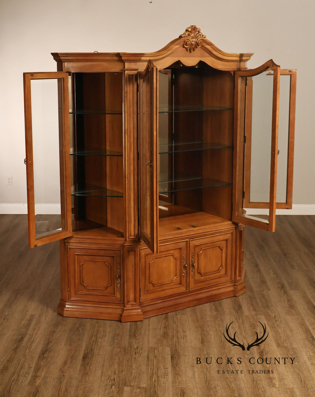 Century Furniture French Provincial Style Fruitwood Lighted China Cabinet