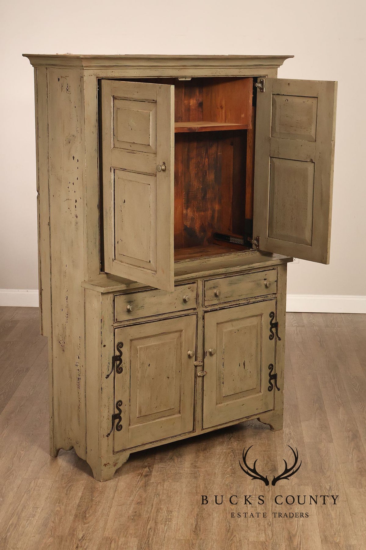Vintage Distressed Painted Pine Step-Back Cupboard Cabinet