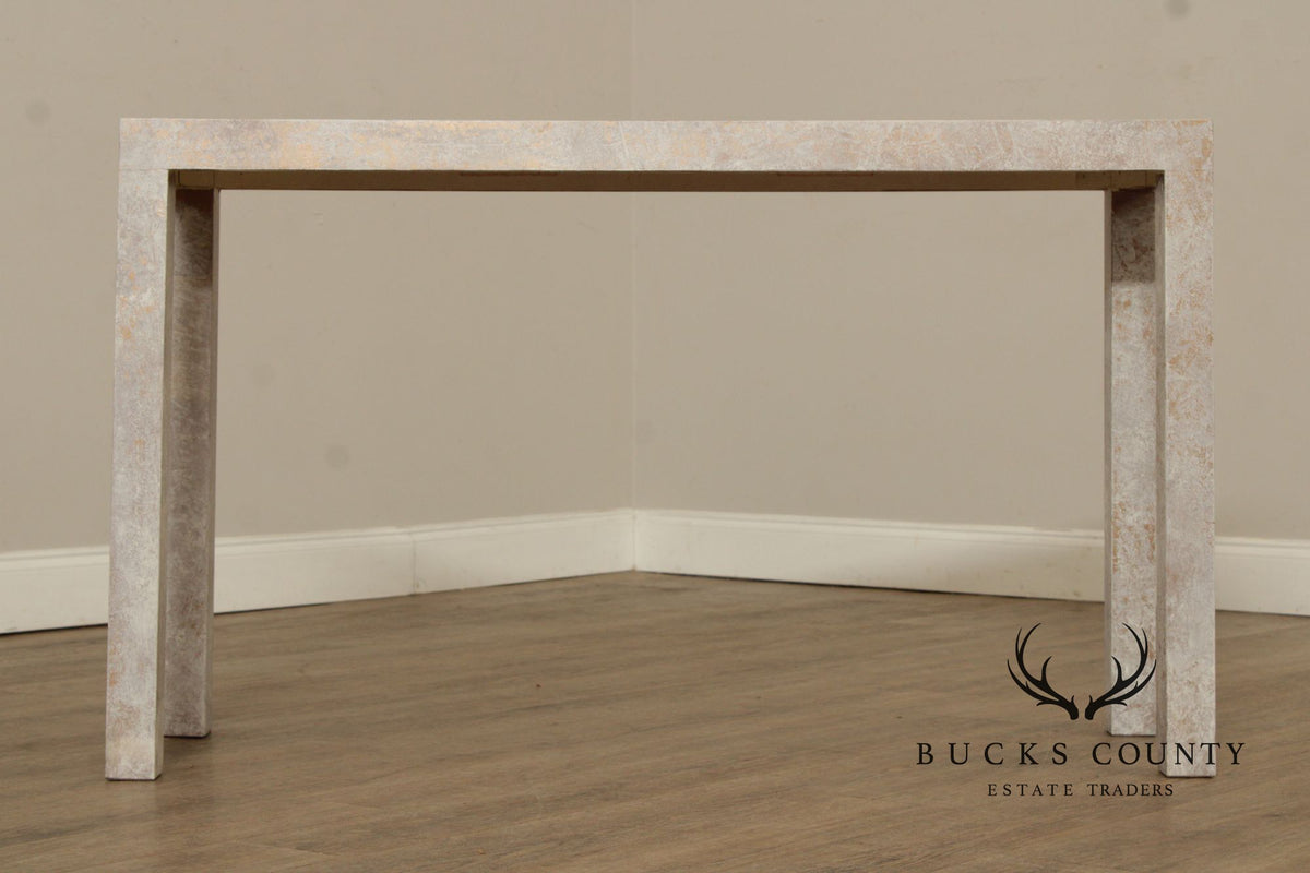 Mid Century Modern Cerused Painted Pair Of Burl Wood Parsons Console Tables
