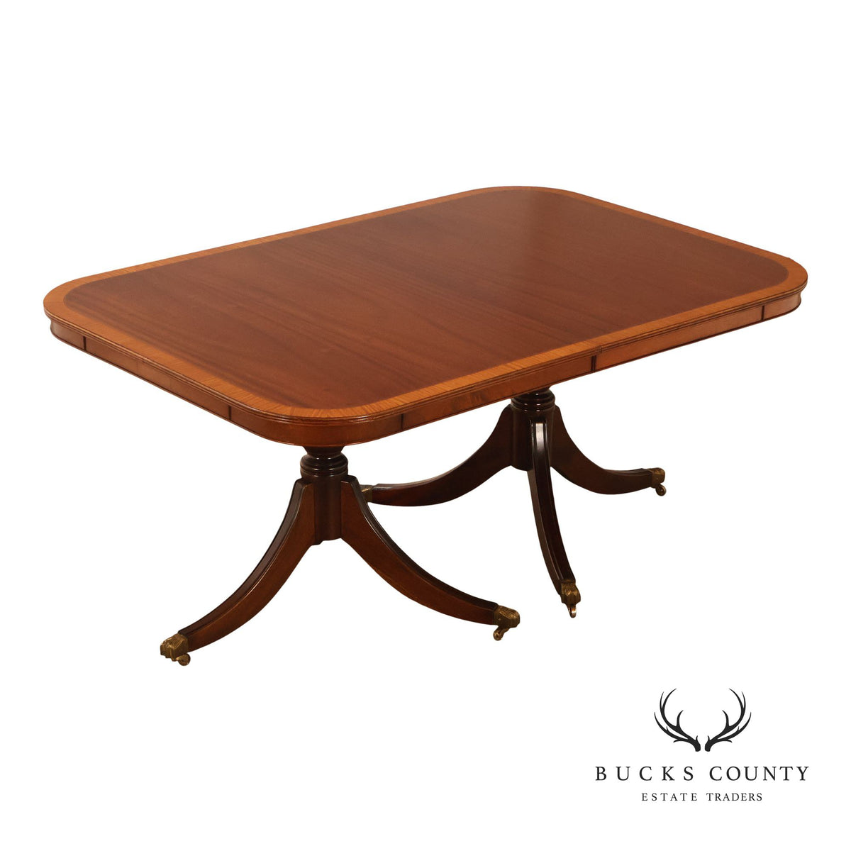 Mahogany And Satinwood Banded Double Pedestal Extension Dining Table With Two Leaves