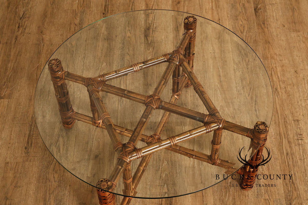 McGuire Bamboo And Rattan Round Glass Top Coffee Table