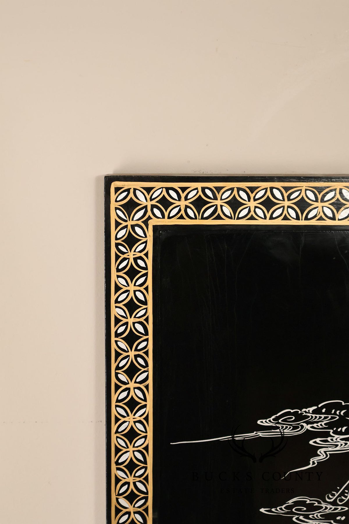 Asian Black Lacquer Vintage Pair Of Four Panel Folding Screens With Mother Of Pearl Inlay