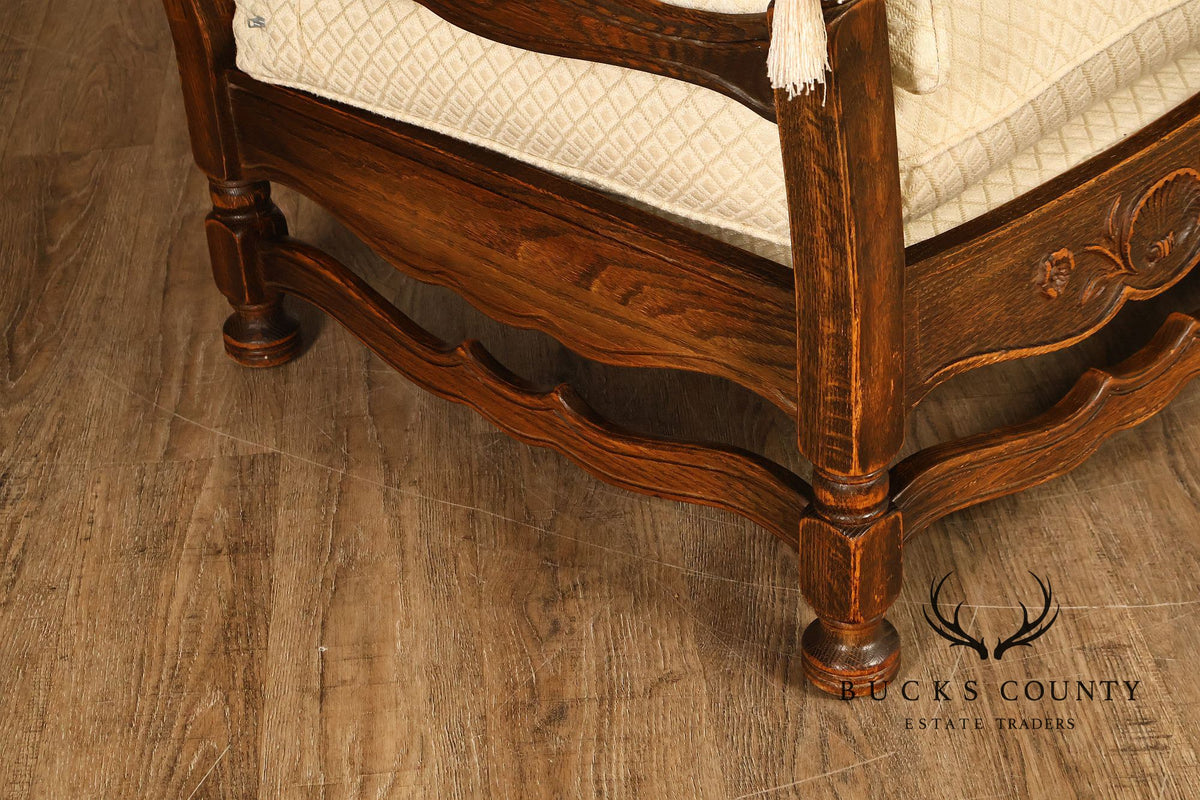 French Country Style Carved Oak Frame Three Seat Sofa