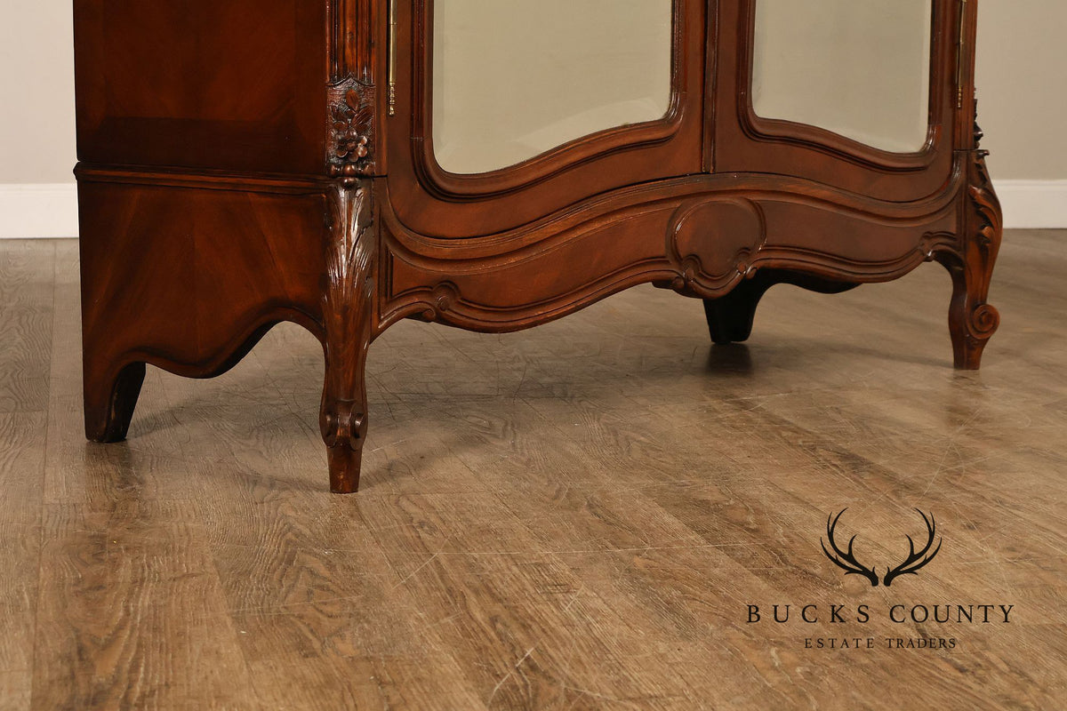French Louis XV Style Antique Carved Mahogany Mirrored Armoire
