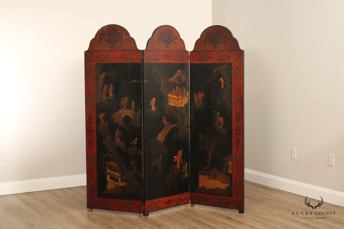 Japanese Vintage Hand Painted Folding Three-Panel Screen