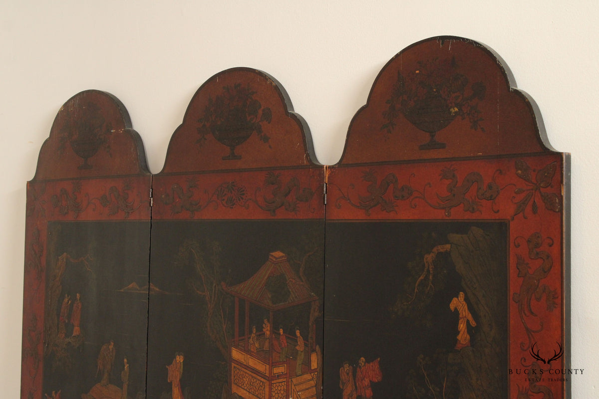 Japanese Vintage Hand Painted Folding Three-Panel Screen