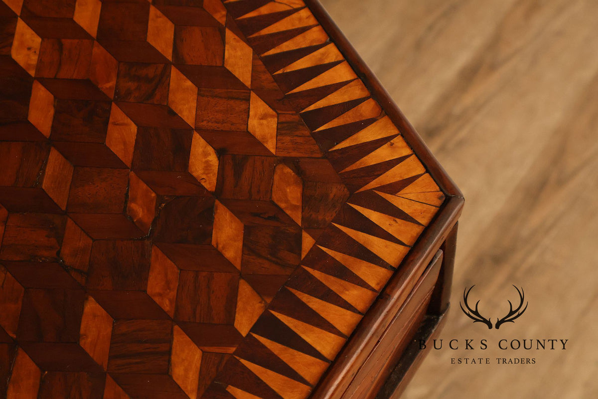 Antique British Colonial Game Table Geometric Wood Inlay