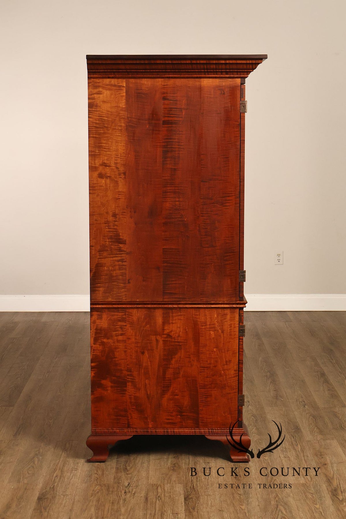 Custom Tiger Maple Two-Piece Four-Door Cabinet Armoire