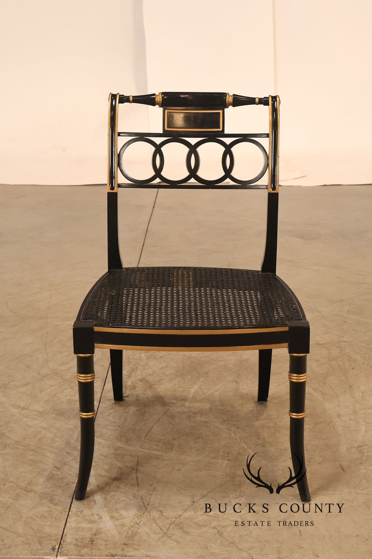 Baker Regency Style Pair of Ebonized and Partial Gilt Side Chairs