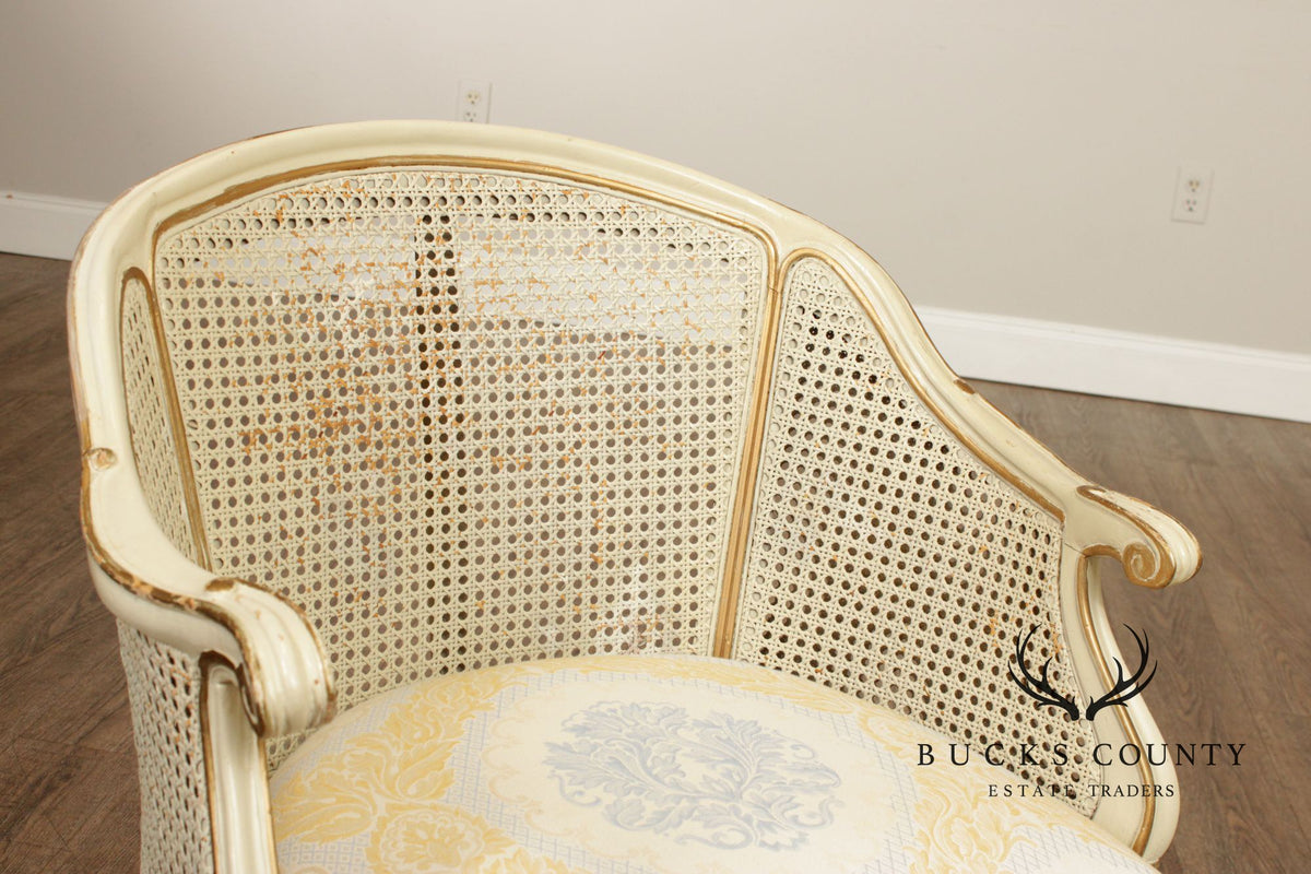 French Provincial Style Barrel Back Caned Lounge Chair and Ottoman