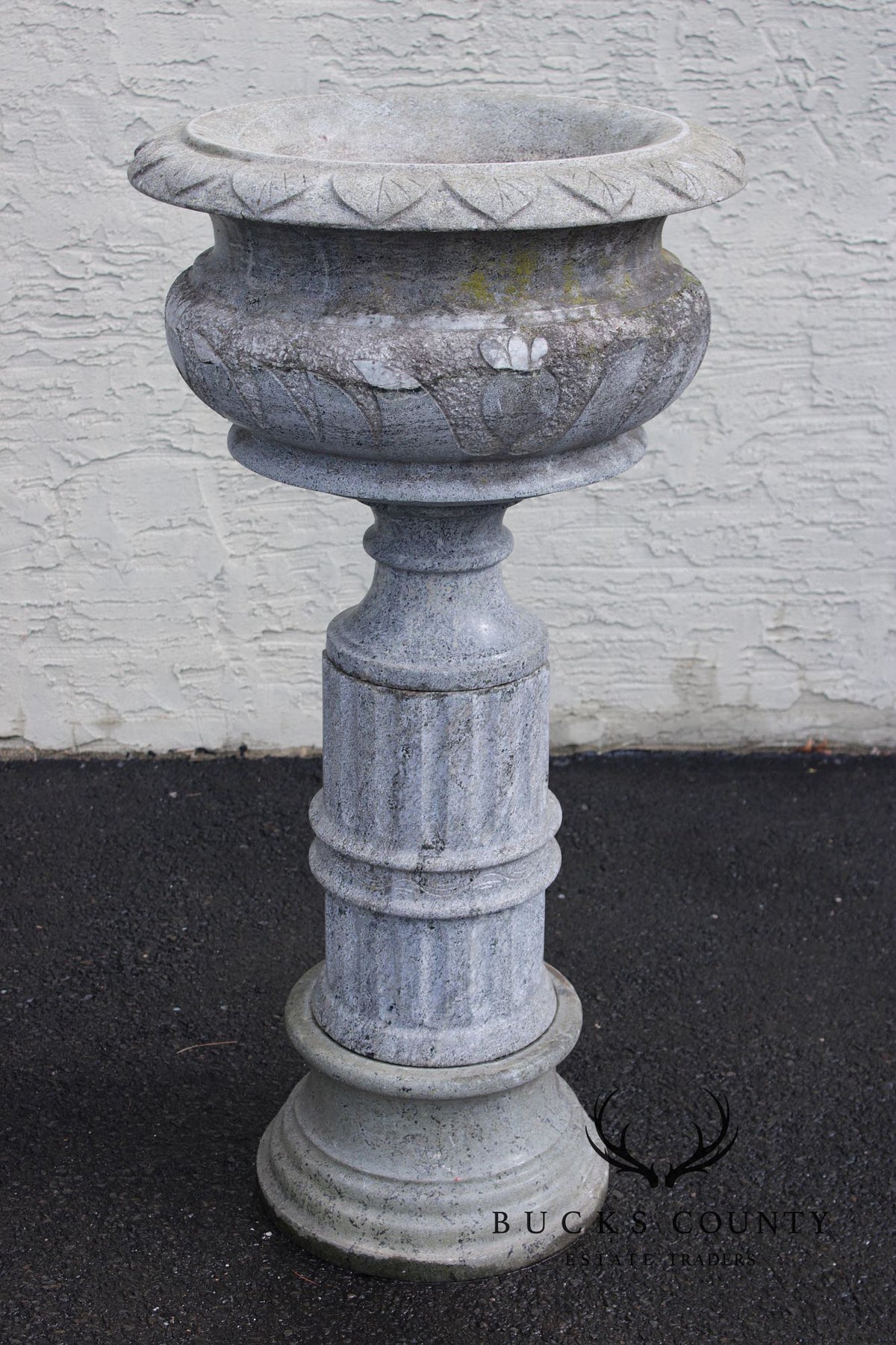 Vintage Pair Of Carved Granite Three-Piece Garden Urns On Pedestals