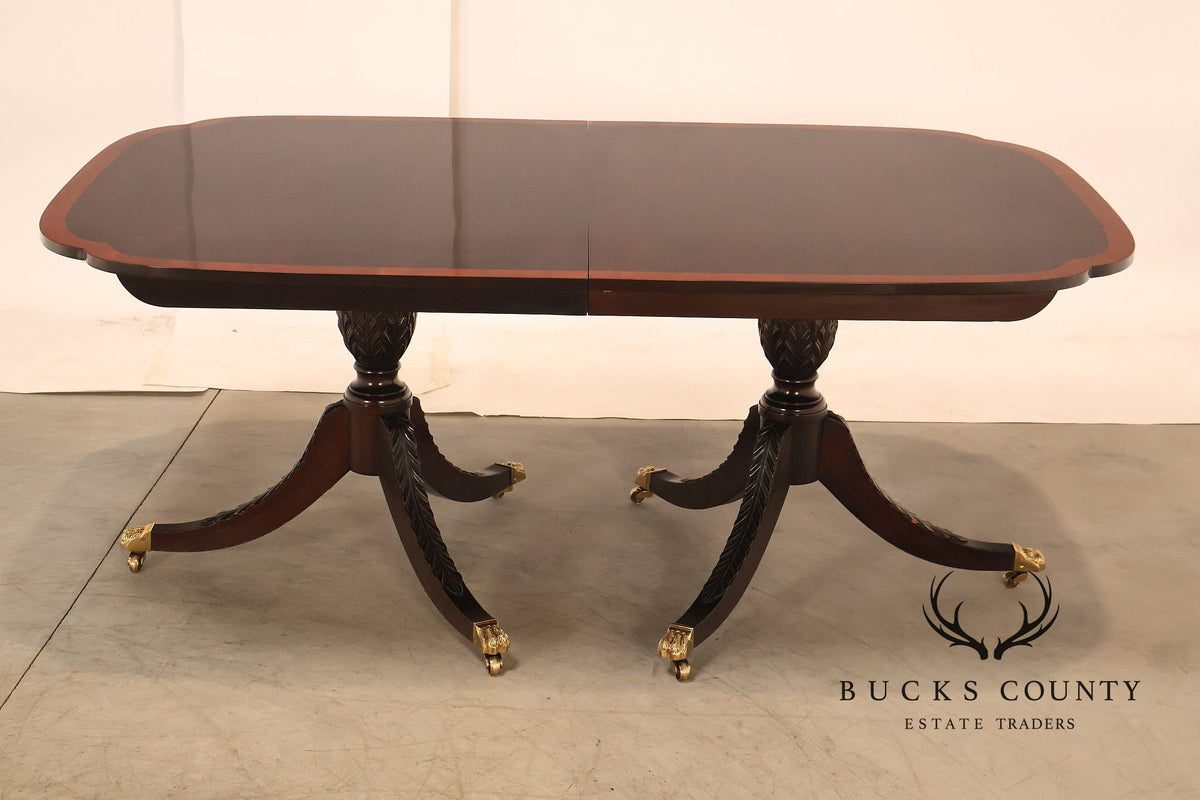 Stickley Mahogany Double Pedestal Dining Table with Inlay Banding