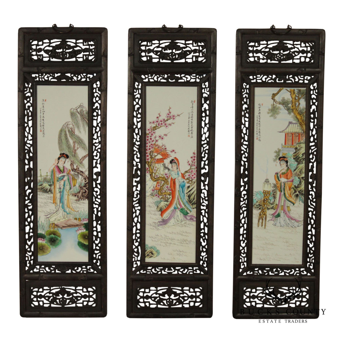 Vintage Chinese Set of Three Framed Porcelain Wall Plaques
