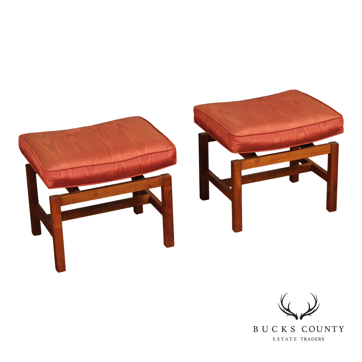 Jens Risom Mid Century Modern Pair Of Walnut Stools