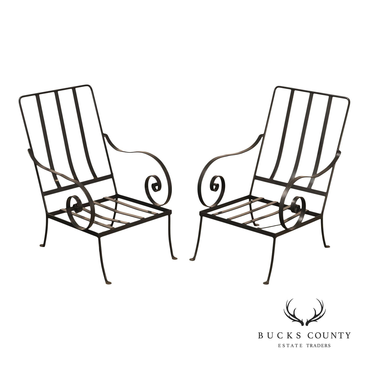 Vintage Pair of Wrought Iron Scroll Arm Lounge Chairs