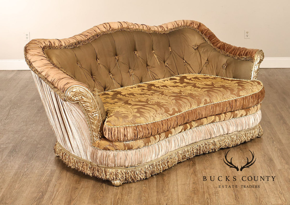 Tufted Rococo Camelback Sofa With Carved Gilt Trim