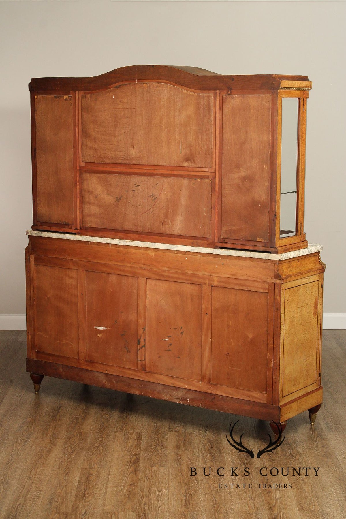 Antique French Louis XVI Style Burl Walnut Marble Top Buffet Hutch