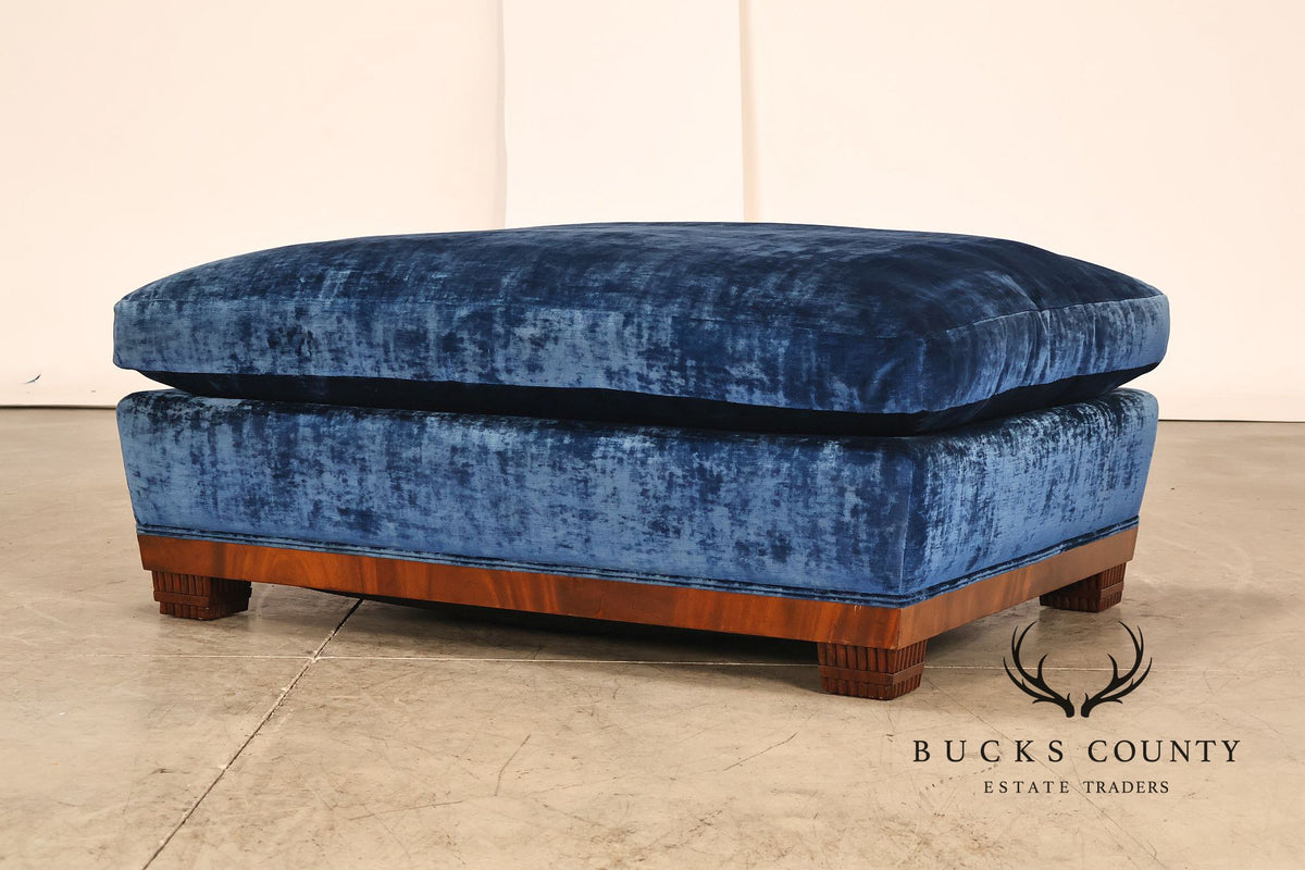 Art Deco Style Large Custom Blue Velvet and Mahogany Ottoman