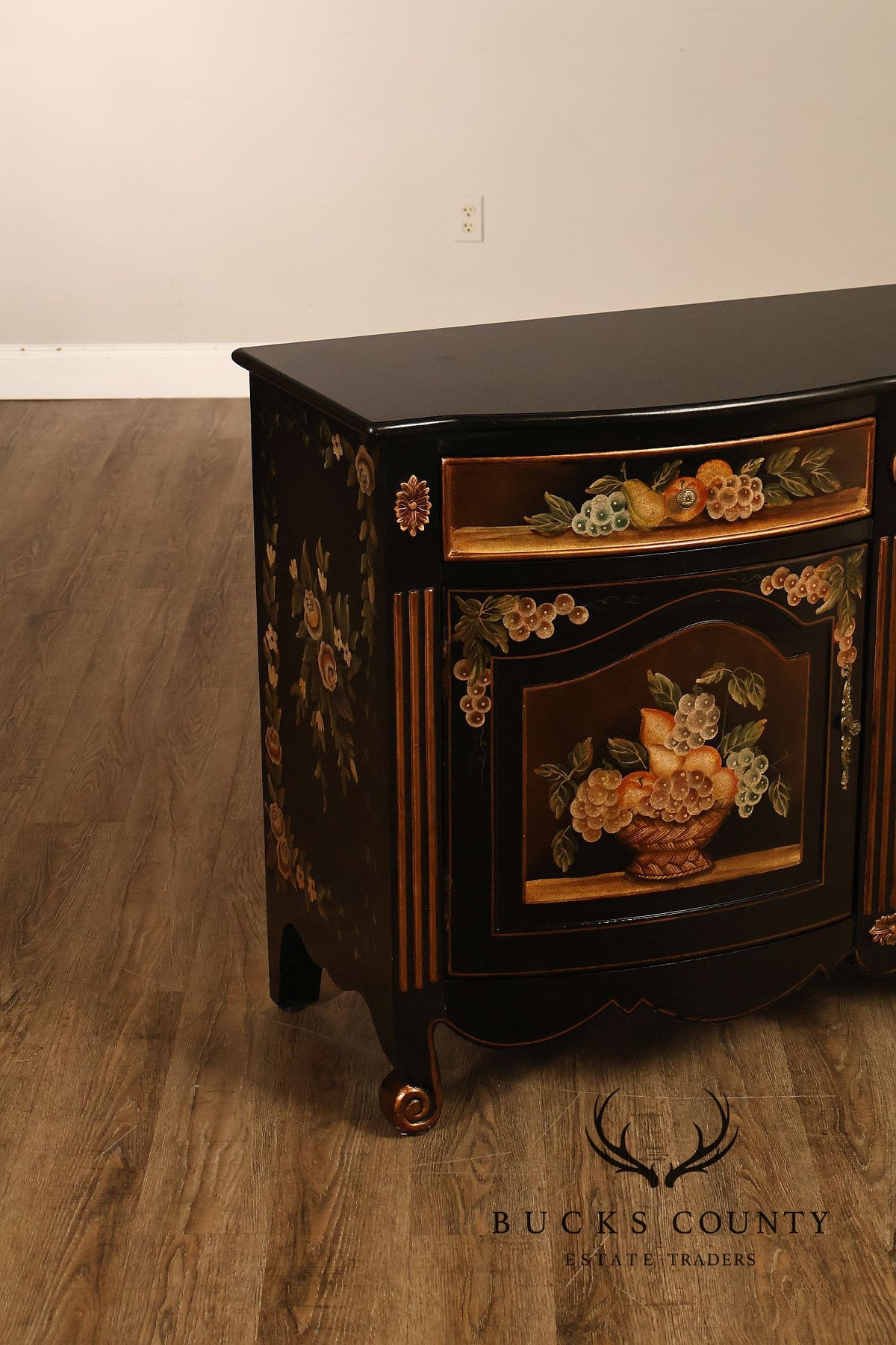 French Provincial Style Black Lacquer Hand-Painted Fruit Basket Sideboard