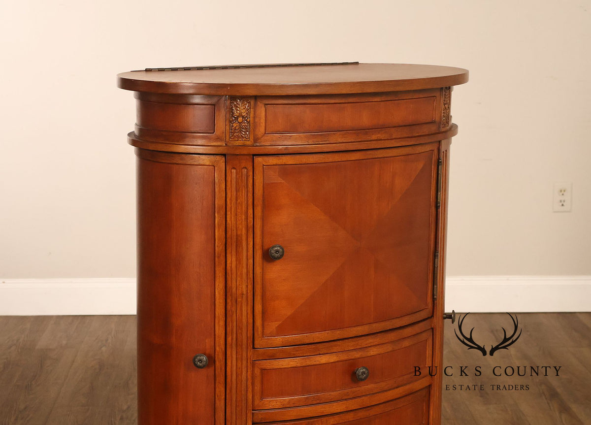 Oval Burl Wood Jewelry Armoire With Lift Top And Side Doors