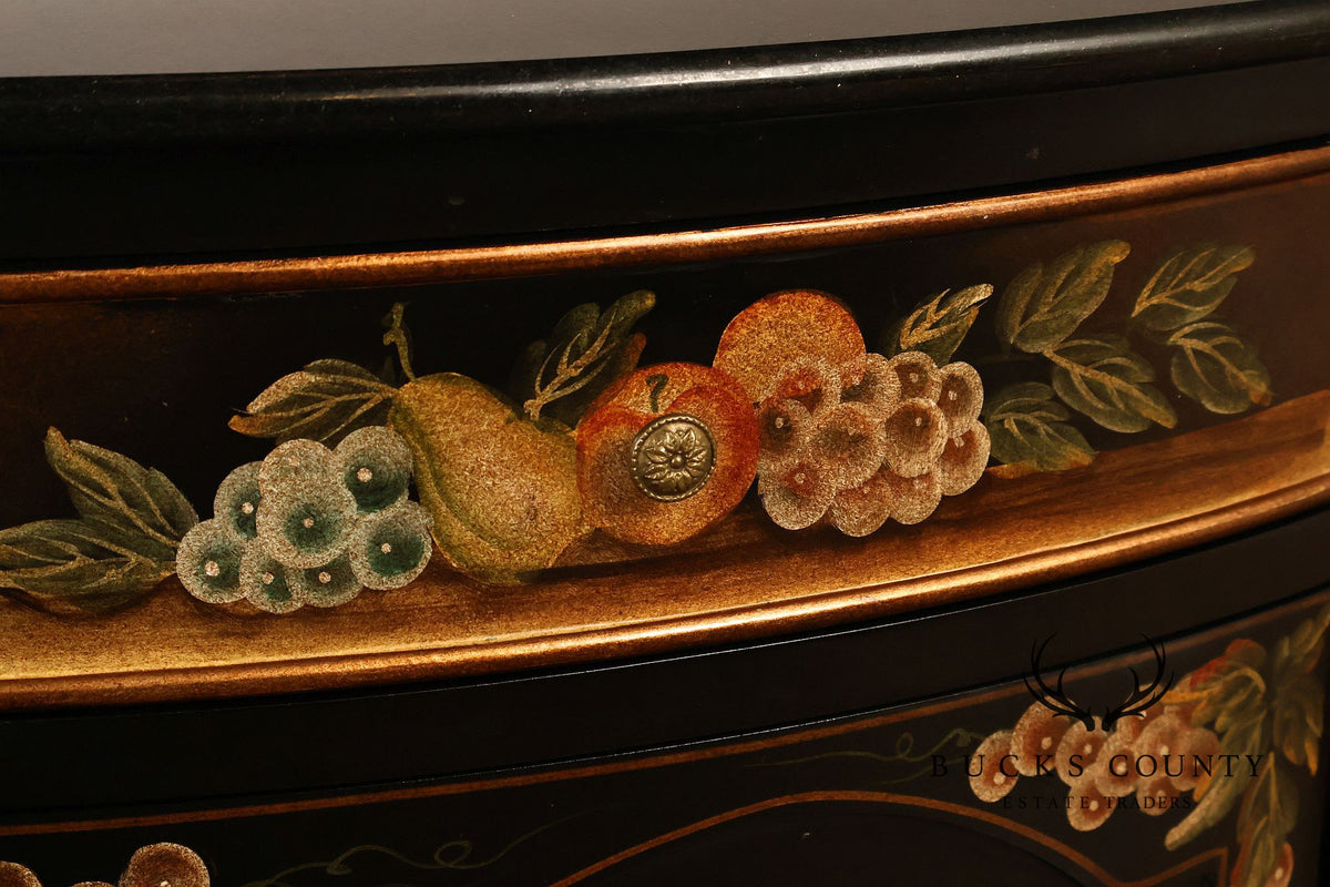 French Provincial Style Black Lacquer Hand-Painted Fruit Basket Sideboard