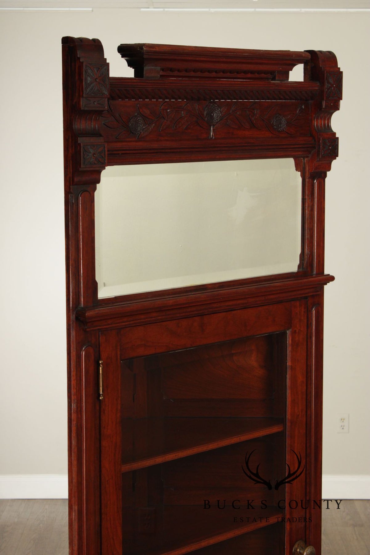 Antique Victorian Carved Walnut Corner Cabinet With Mirrored Transom