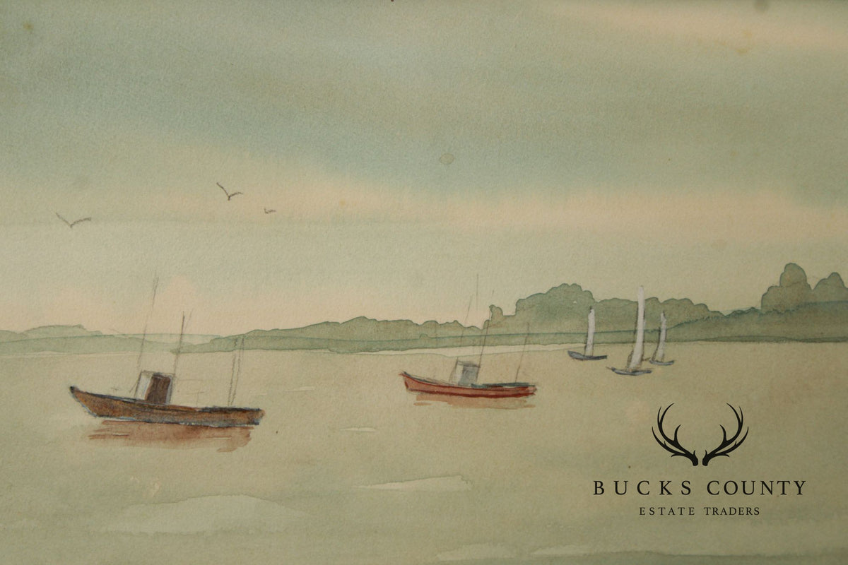 Bertha Ann Stupak Watercolor Painting, Boats in Harbor