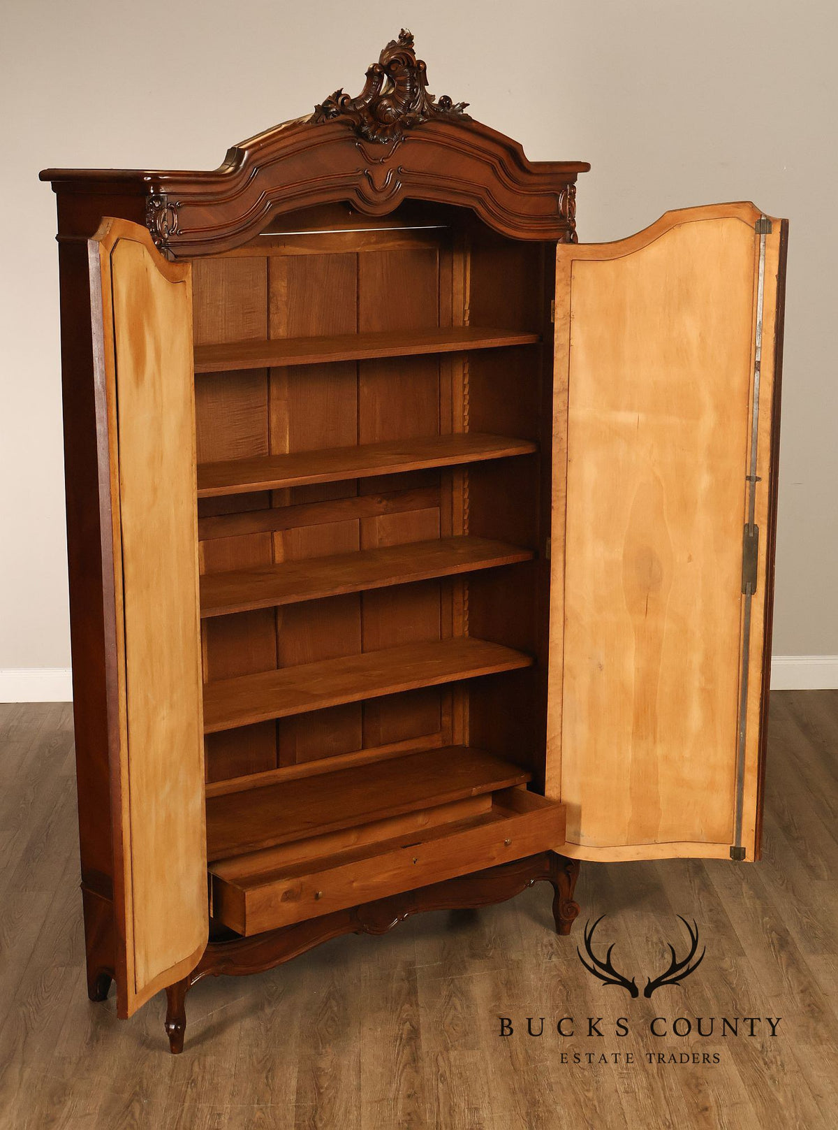 French Louis XV Style Antique Carved Mahogany Mirrored Armoire