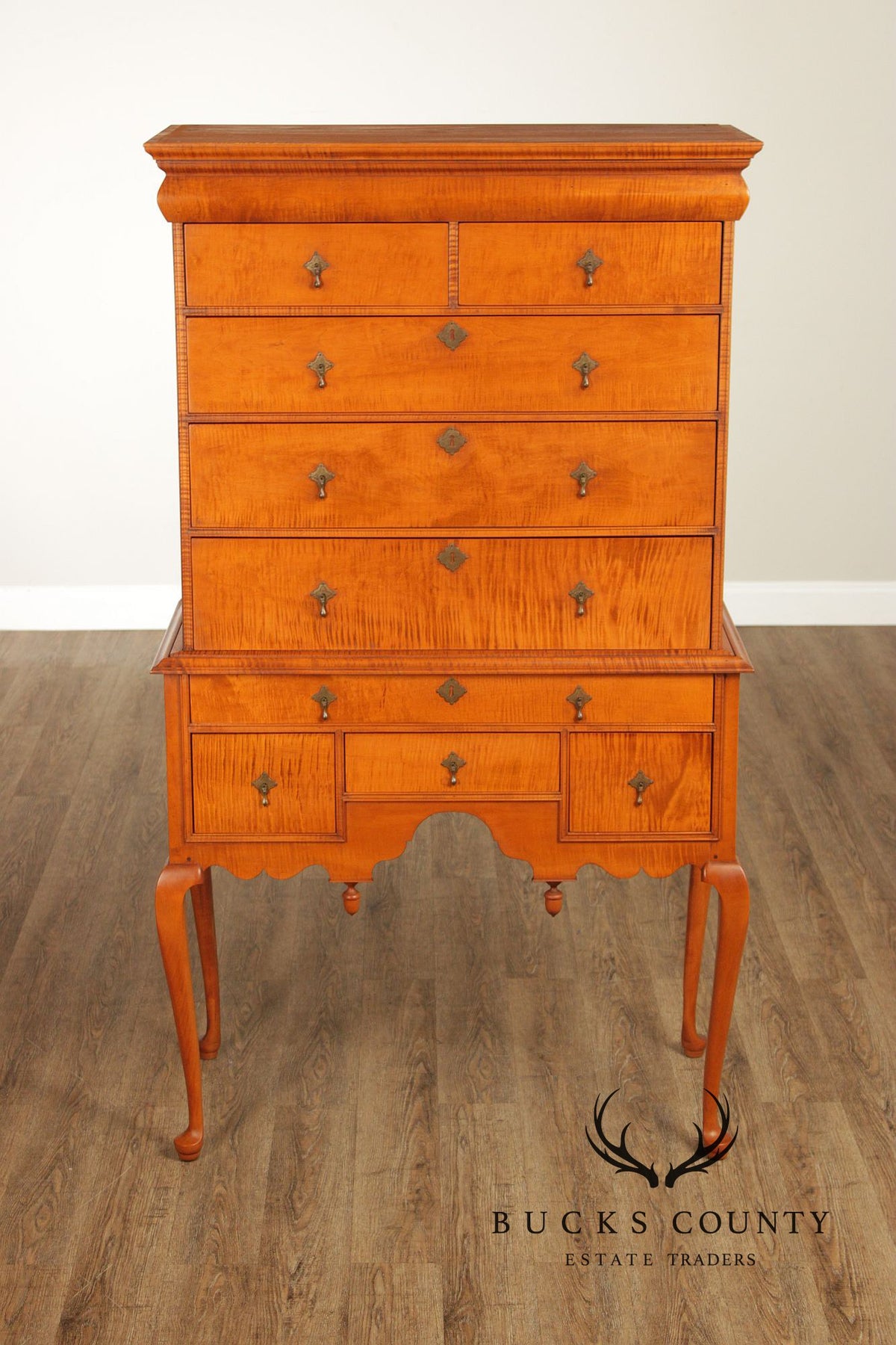 Simms & Thayer Queen Anne Style Tiger Maple Highboy