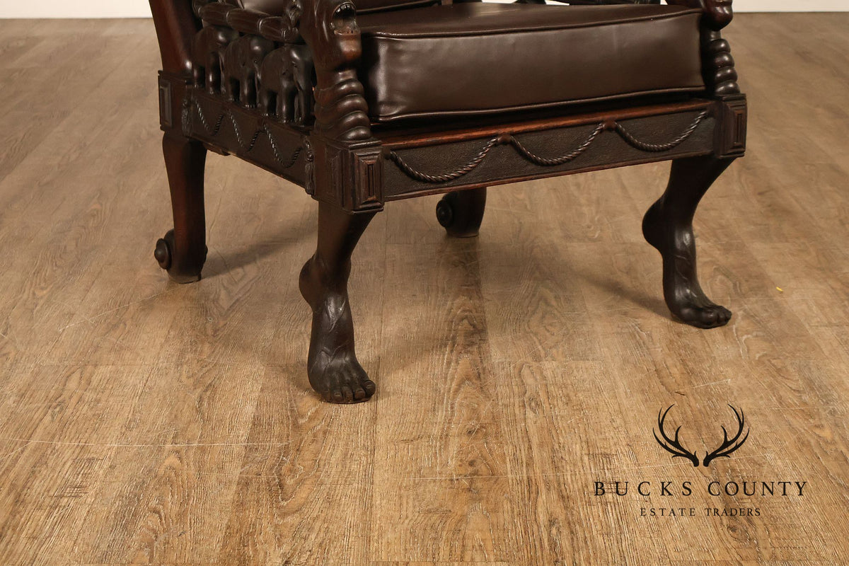 Exceptional 19th Century Anglo-Indian / Burmese Colonial Figural Carved Hardwood Throne Armchair