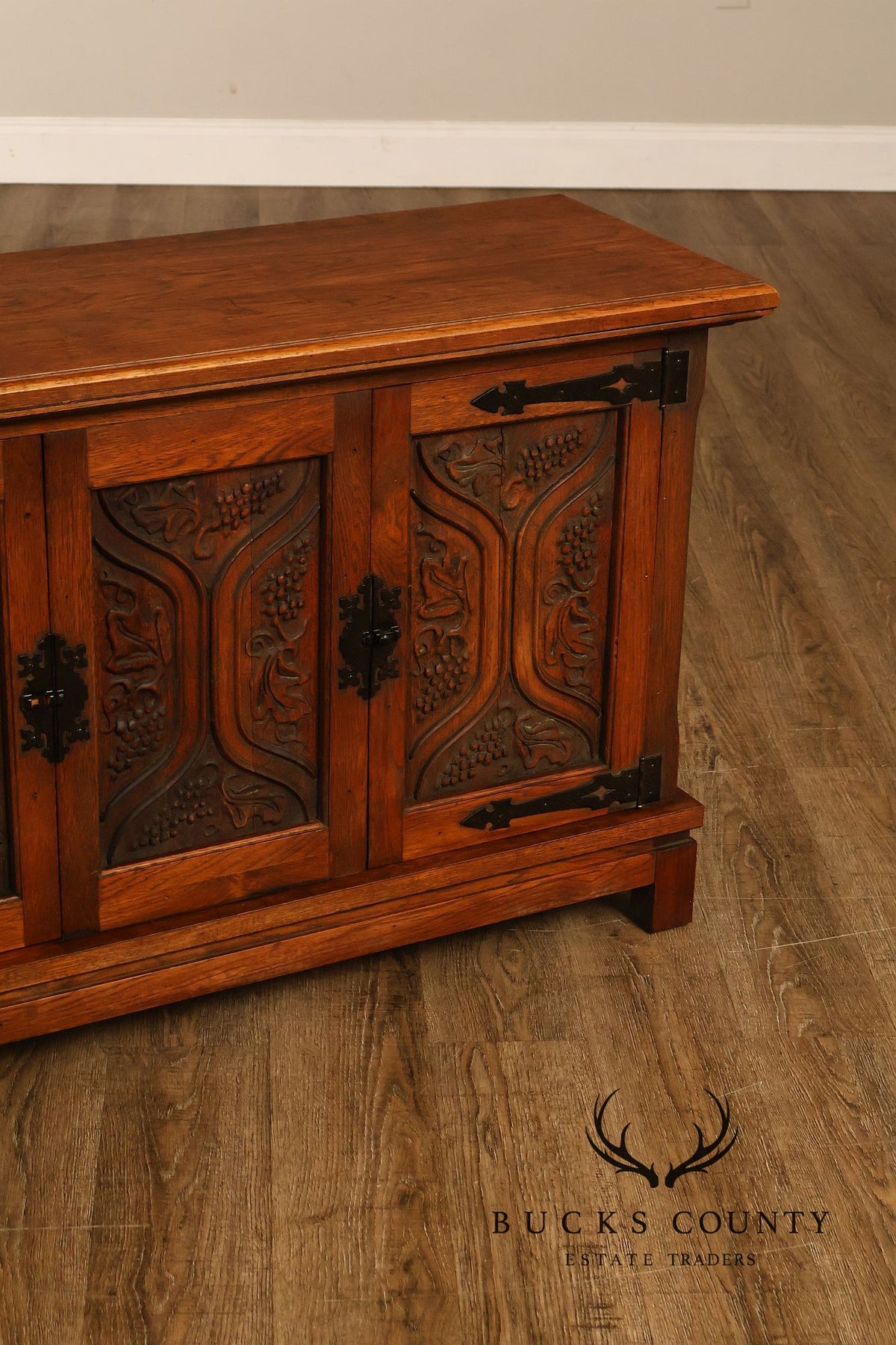 Vintage Spanish Revival Carved Oak Cabinet With Iron Hardware
