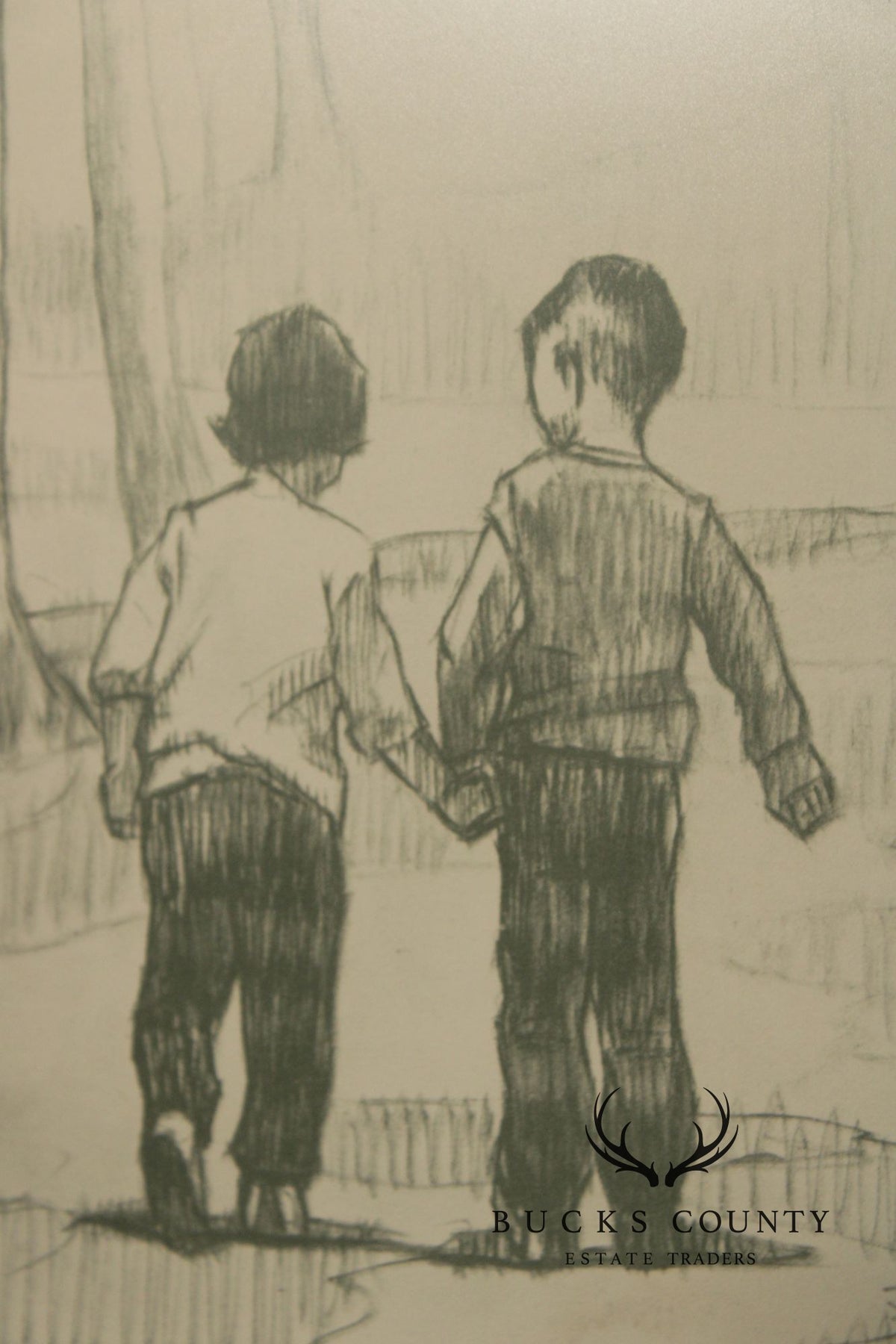 W. Cortland Butterfield Framed Drawing, Children in a Wood