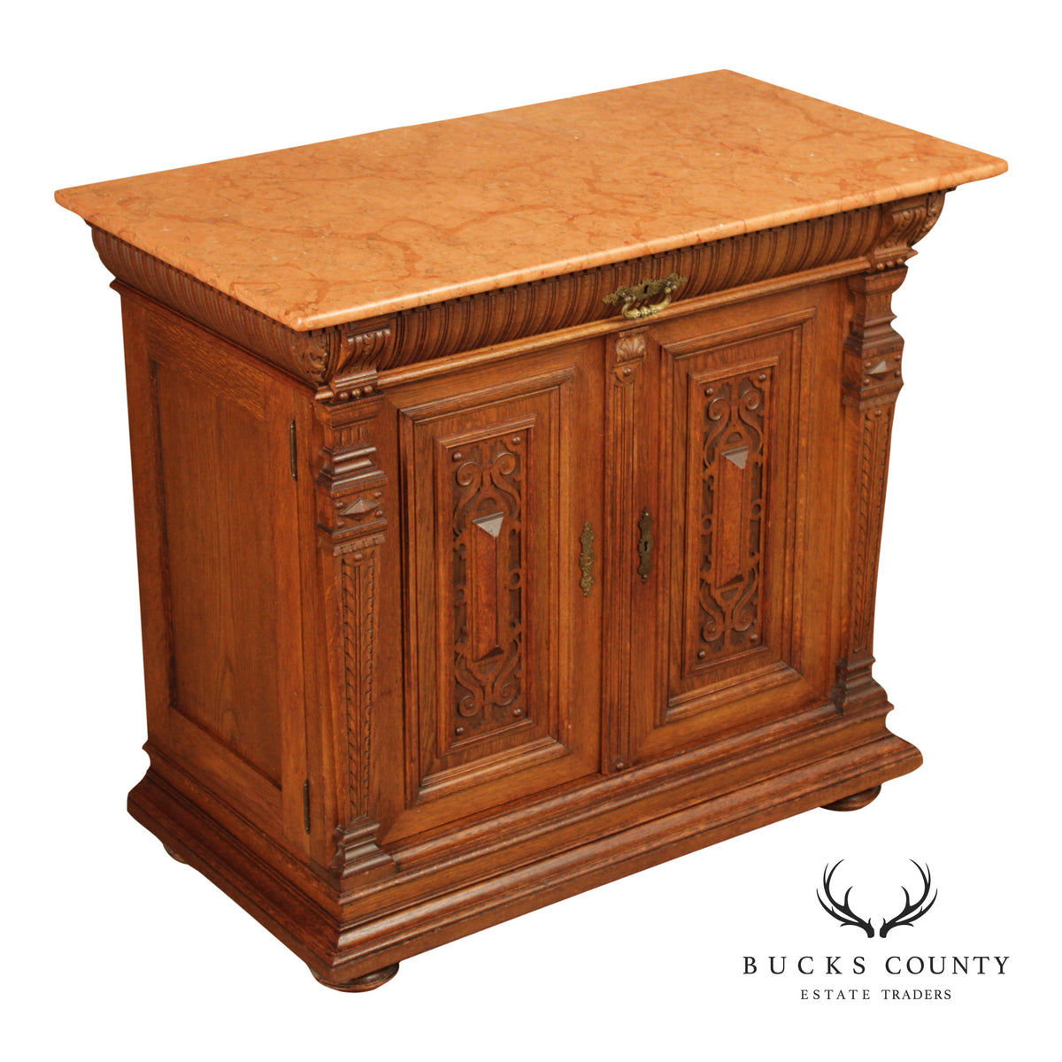 Antique German Renaissance Revival Carved Oak Marble Top Cabinet