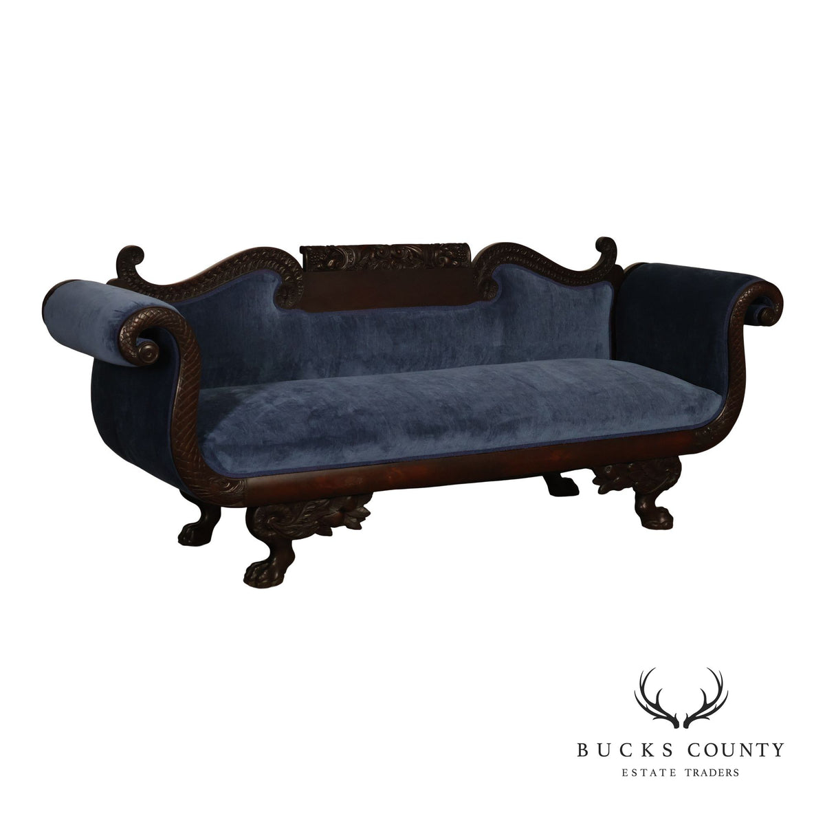 Antique American Empire Mahogany Carved Swan Arm Sofa With Blue  Upholstery
