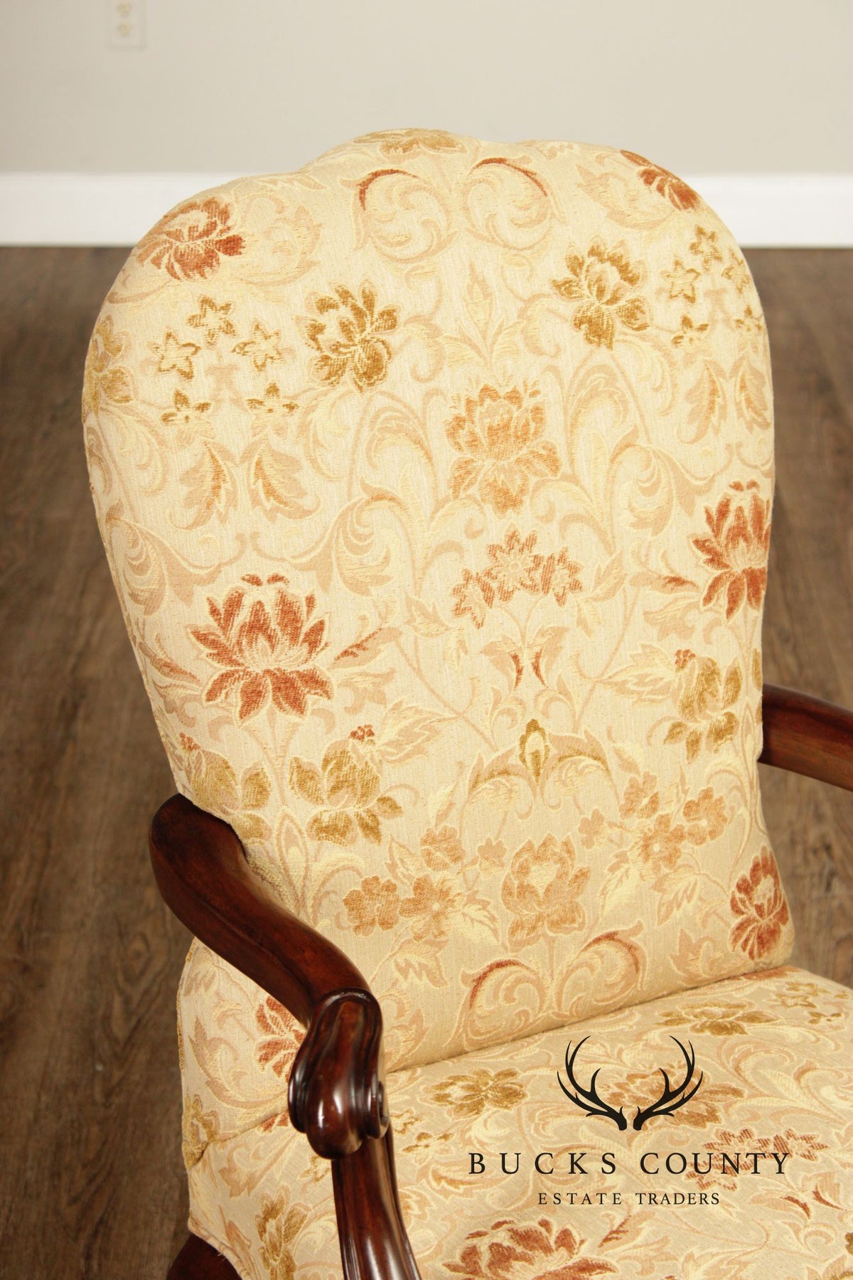 Henredon Scroll and Floral Upholstered Cabriole Leg Armchairs