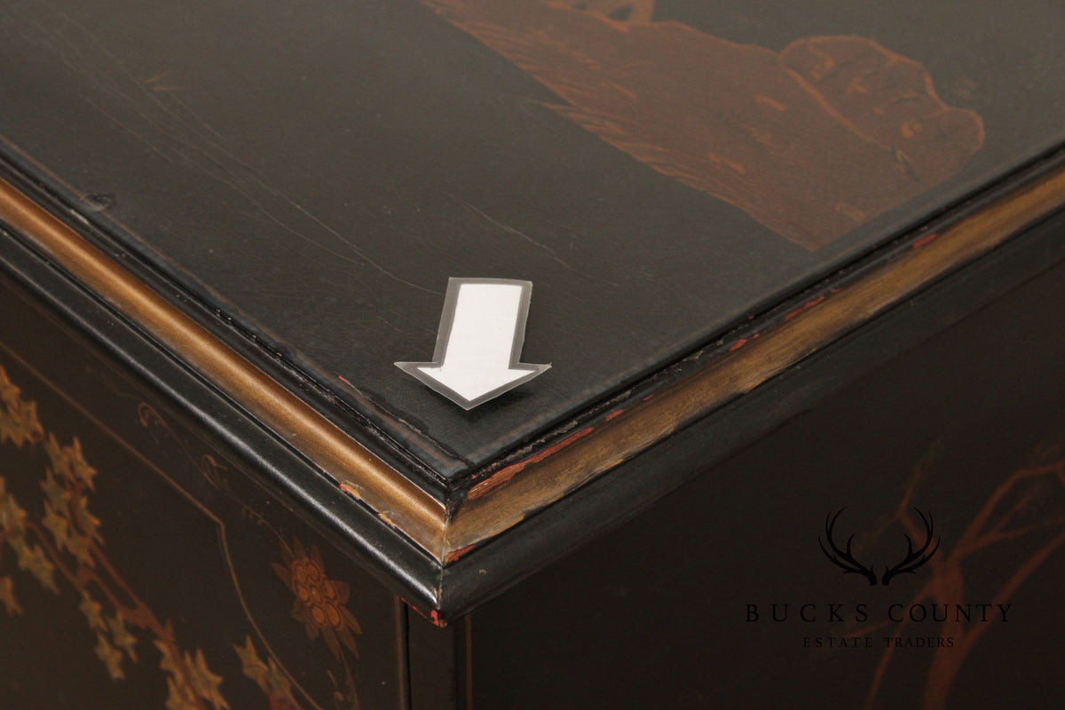 Georgian Furnishing Co. Pair Of Black Lacquer Chinoiserie Cabinets